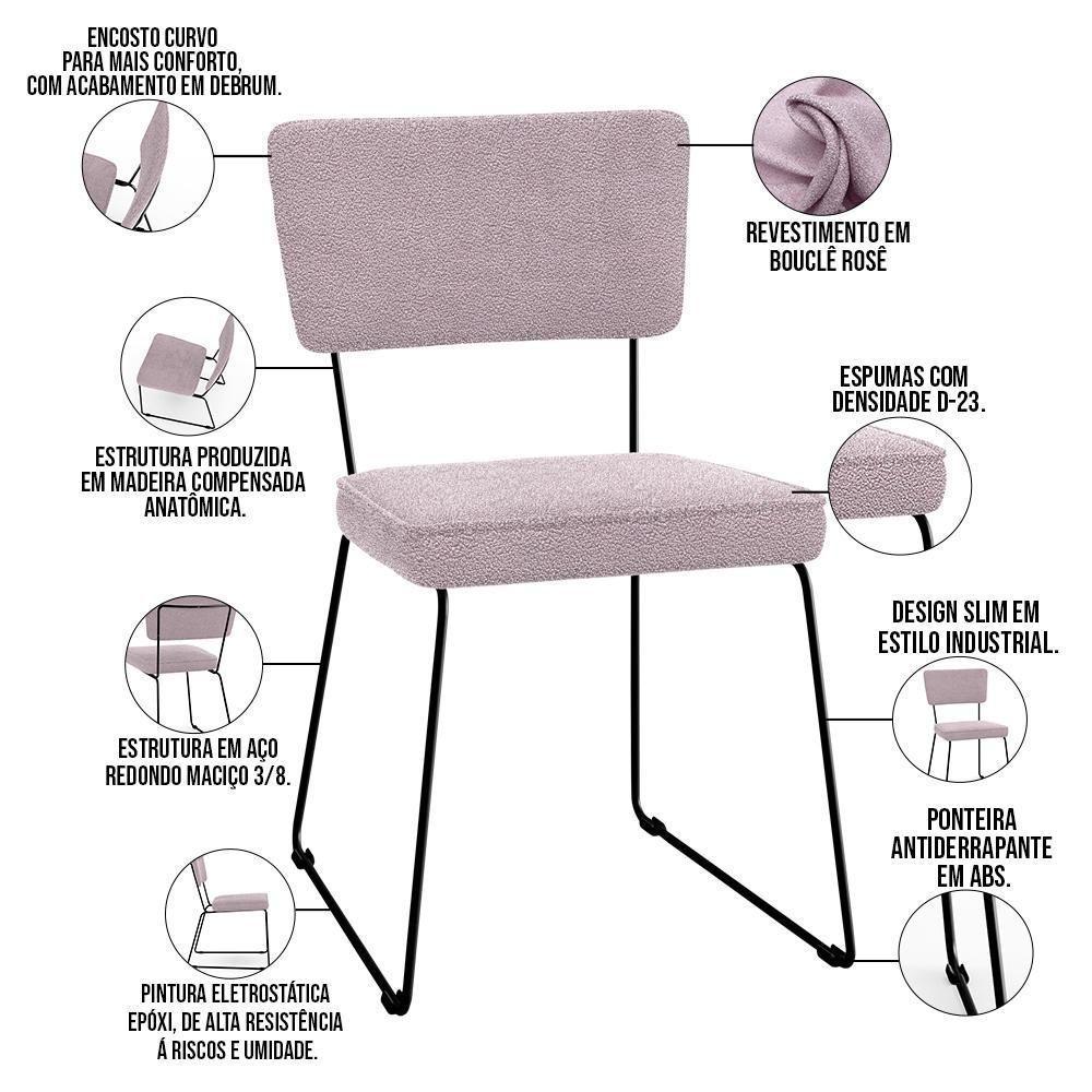 Kit 04 Cadeiras Estofada Base De Aço Allana L02 Bouclê Rosê - 7