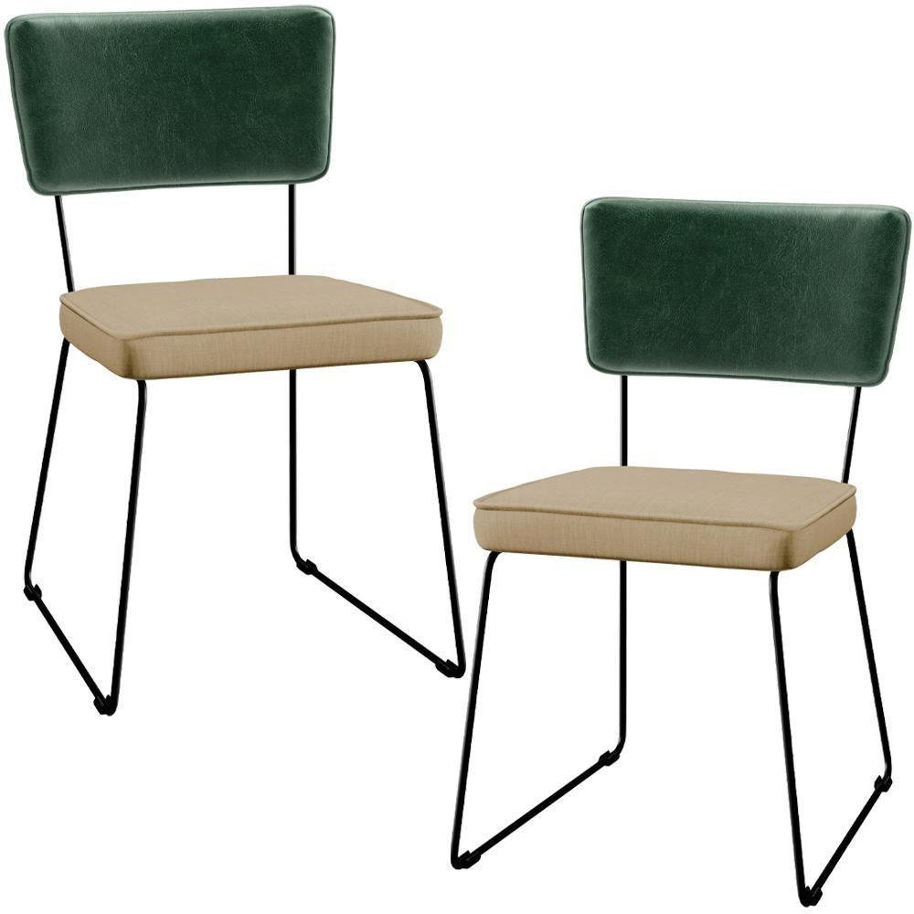 Kit 02 Cadeiras L02 Facto Verde Musgo Linho Bege Escuro - 1