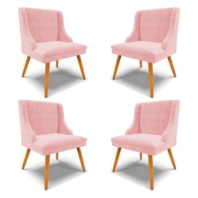 Kit 4 Cadeiras Decorativas Sala De Jantar Pés Palito De Madeira Firenze Suede Rosa Bebê/natural G19