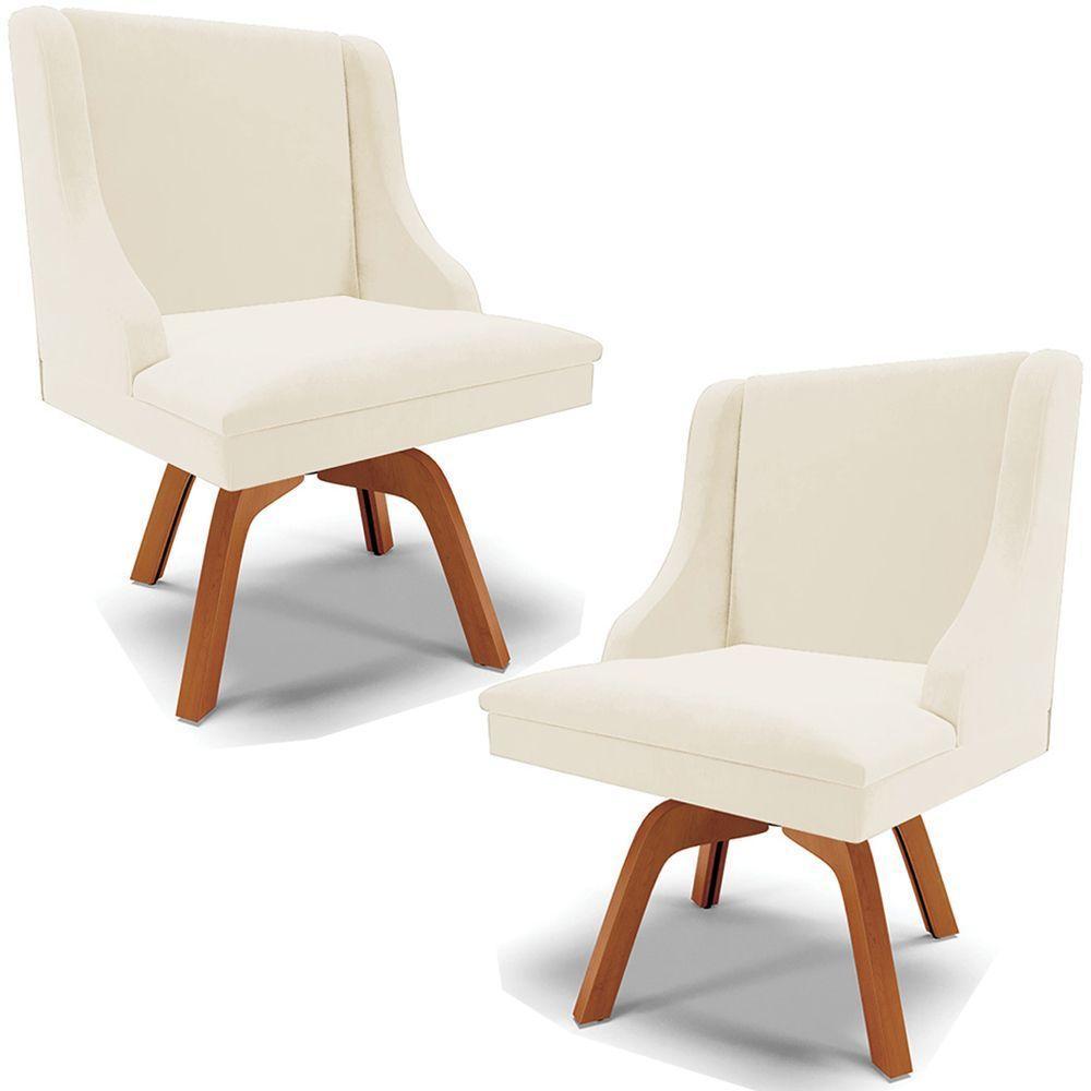 Kit 2 Cadeiras Decorativas Sala De Jantar Base Giratória De Madeira Firenze Veludo Bege/natural G19 - 1