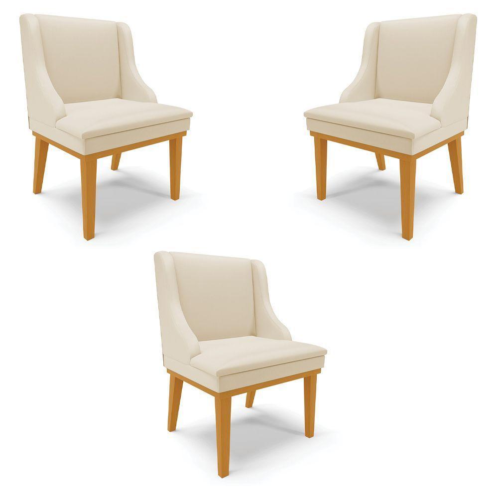 Kit 3 Cadeiras Decorativas Sala De Jantar Base Fixa De Madeira Firenze Pu Bege/castanho G19 - 1