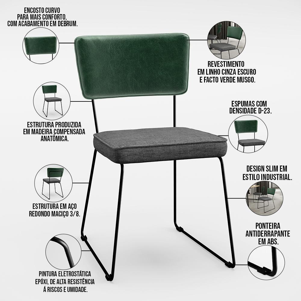 Kit 02 Cadeiras L02 Facto Verde Musgo Linho Cinza Escuro - 7