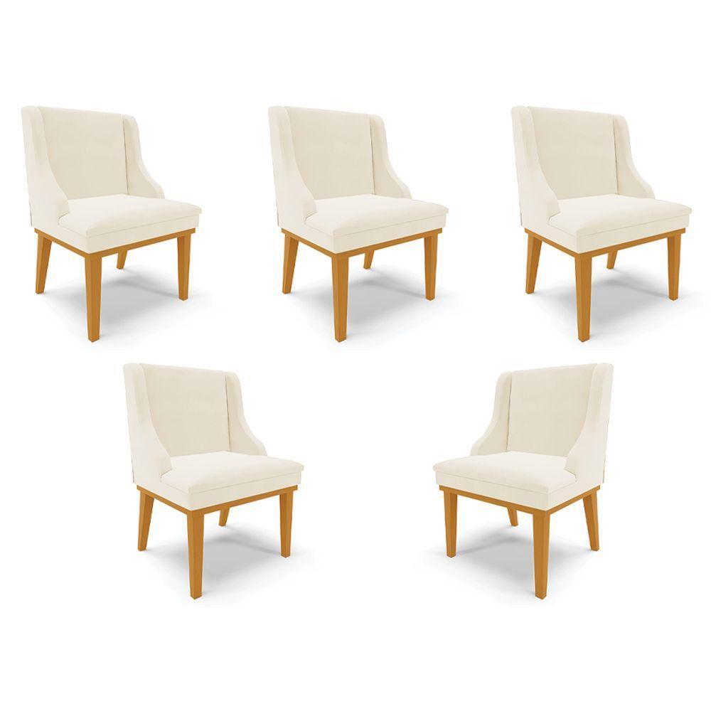 Kit 5 Cadeiras Decorativas Sala De Jantar Base Fixa De Madeira Firenze Veludo Bege/castanho G19 - Gran Belo - 1