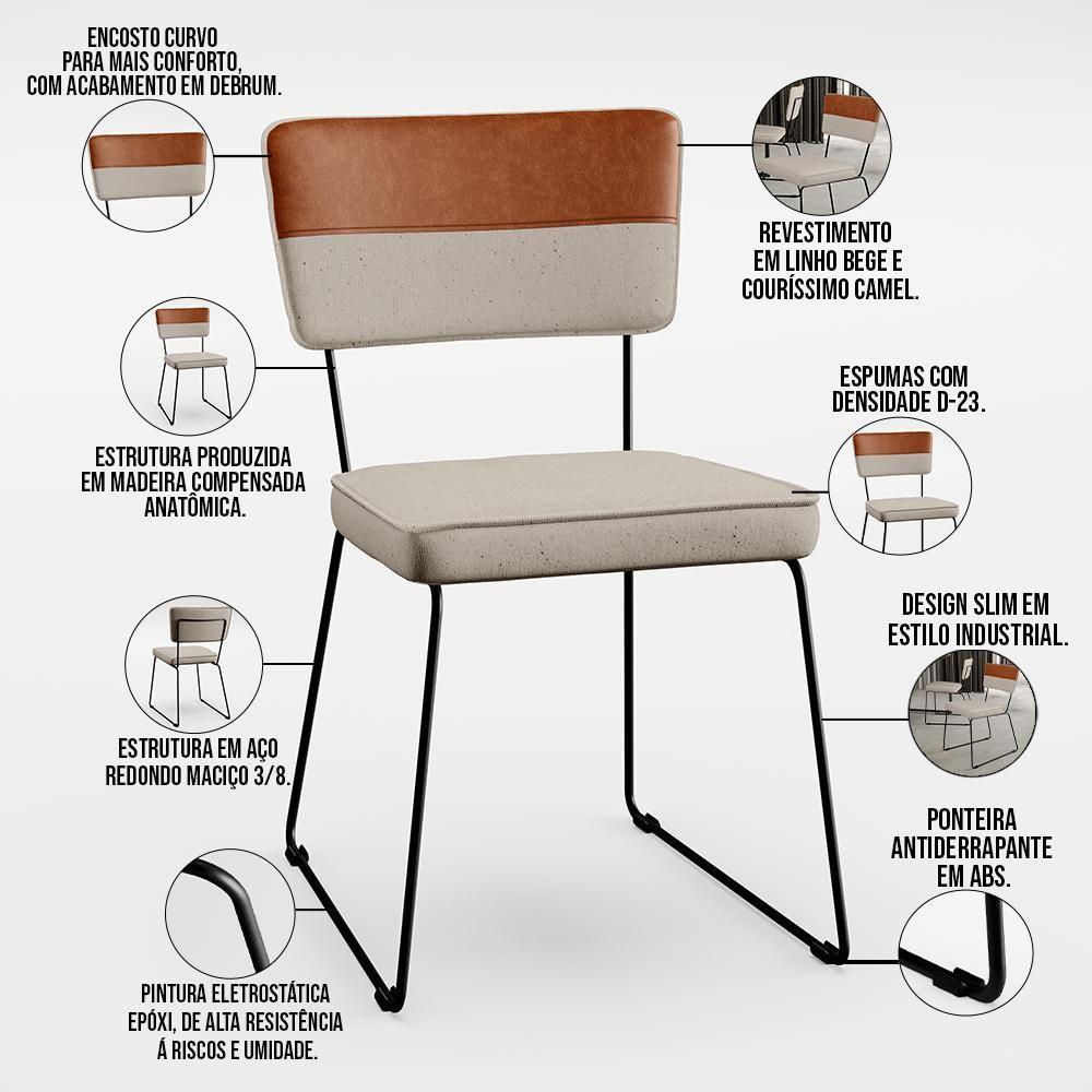 Kit 04 Cadeiras Faixa Couríssimo Camel Linho Bege - 7