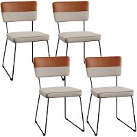 Kit 04 Cadeiras Faixa Couríssimo Camel Linho Bege - 1