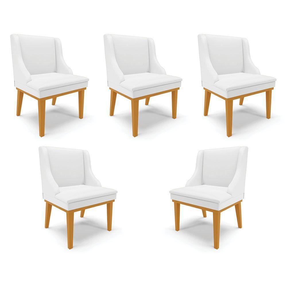 Kit 5 Cadeiras Decorativas Sala De Jantar Base Fixa De Madeira Firenze Pu Branco Fosco/castanho G19 - Gran Belo - 1