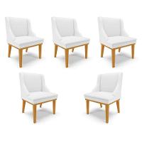 Kit 5 Cadeiras Decorativas Sala De Jantar Base Fixa De Madeira Firenze Pu Branco Fosco/castanho G19 - Gran Belo - 1