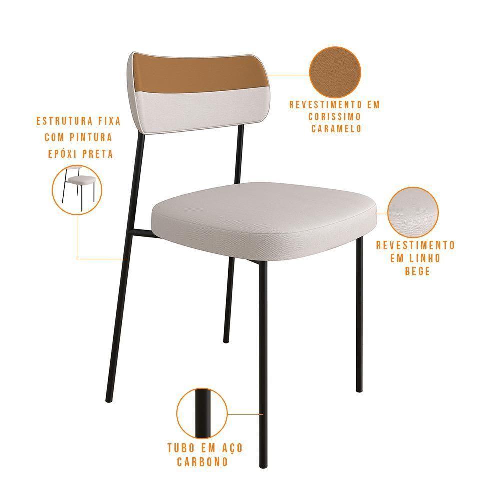 Kit 4 Cadeira Estofada Sala Jantar F01 Linho Bege Caramelo - 6