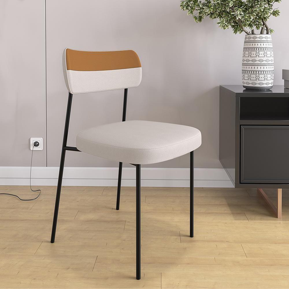 Kit 4 Cadeira Estofada Sala Jantar F01 Linho Bege Caramelo - 8