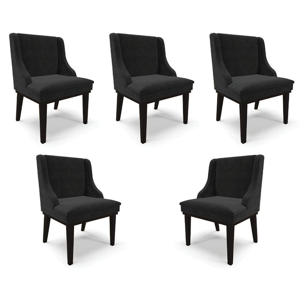 Kit 5 Cadeiras Decorativas Sala De Jantar Base Fixa De Madeira Firenze Suede Preto G19 - Gran Belo - 1