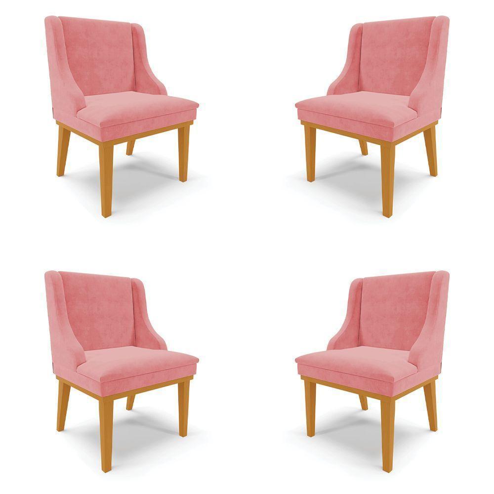 Kit 4 Cadeiras Decorativas Sala De Jantar Base Fixa De Madeira Firenze Suede Rose/castanho - 1