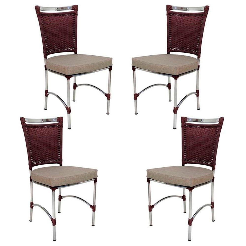 4 Cadeiras Em Alumínio E Fibra Sintética Jk Cozinha Edícula Vinho Dark E Fundo Palha - 1