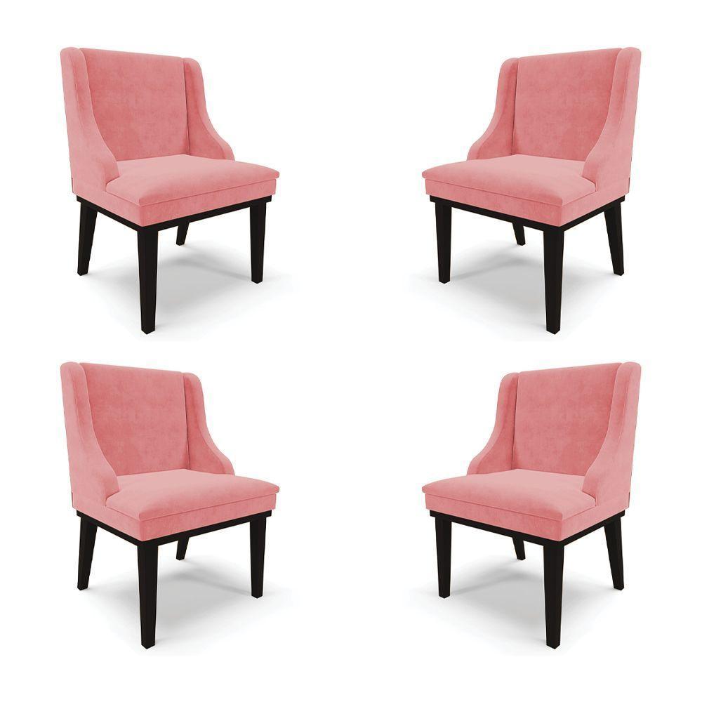 Kit 4 Cadeiras Decorativas Sala De Jantar Base Fixa De Madeira Firenze Suede Rosê/preto - 1