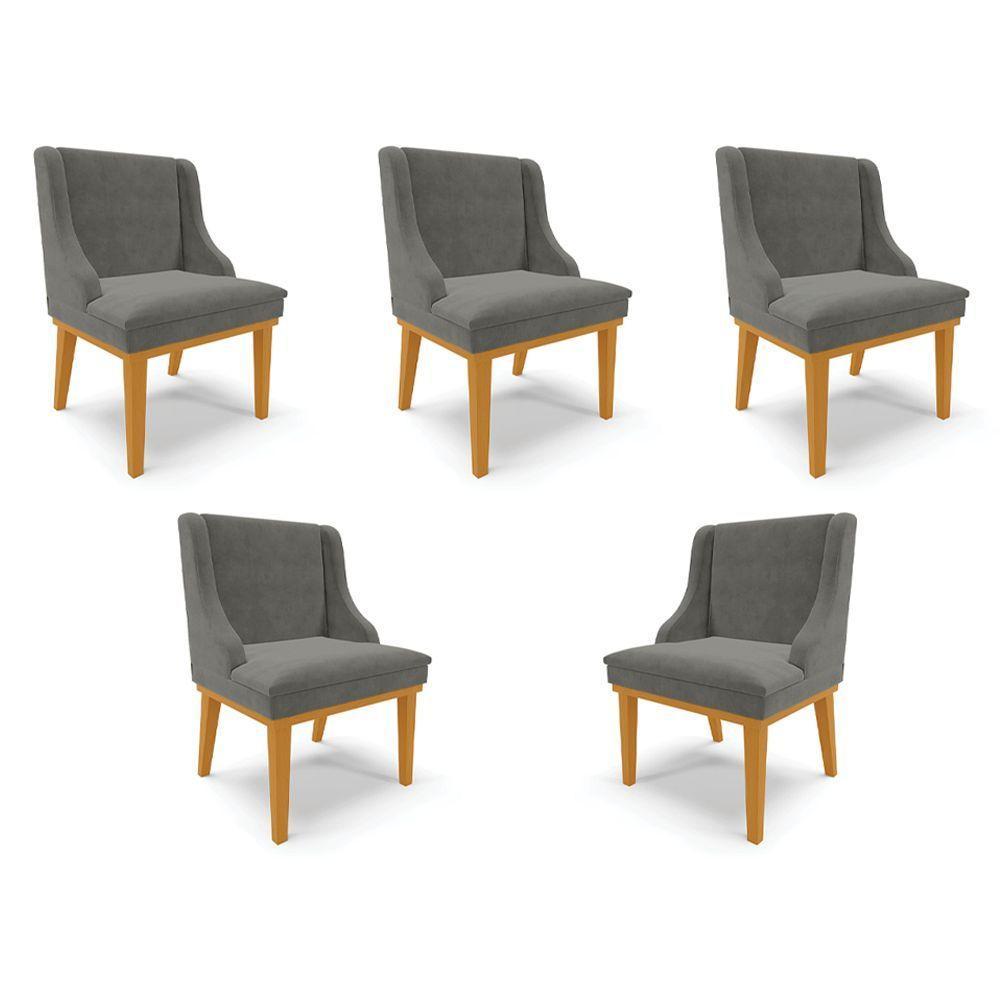 Kit 5 Cadeiras Decorativas Sala De Jantar Base Fixa De Madeira Firenze Suede Grafite/castanho G19 - 1