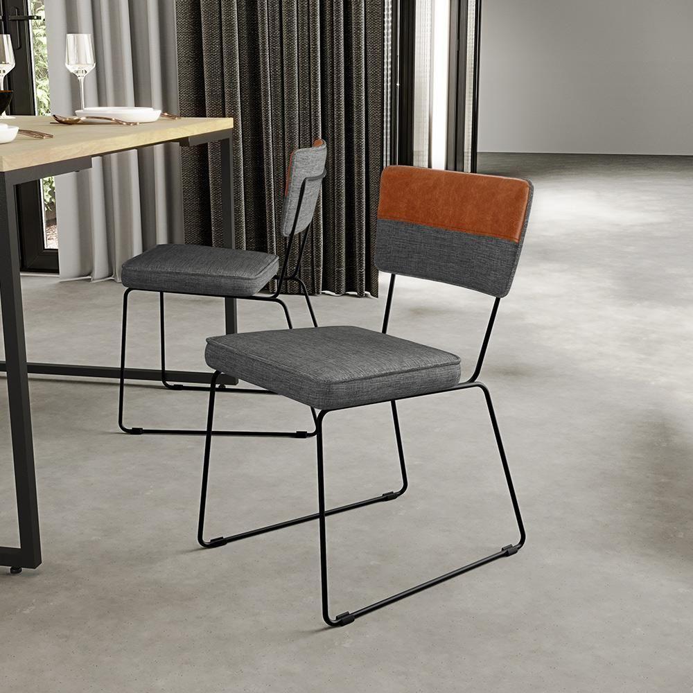 Kit 08 Cadeiras Faixa Couríssimo Camel Linho Cinza Escuro - 9