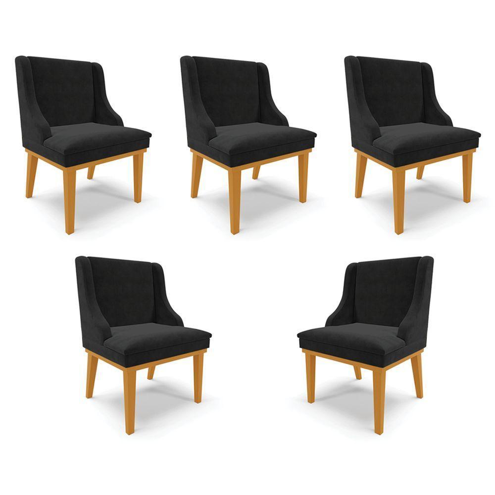 Kit 5 Cadeiras Decorativas Sala De Jantar Base Fixa De Madeira Firenze Suede Preto/castanho - 1