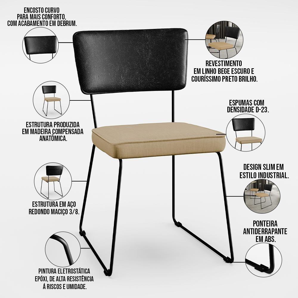 Kit 06 Cadeiras L02 Couríssimo Preto Linho Bege Escuro - 7