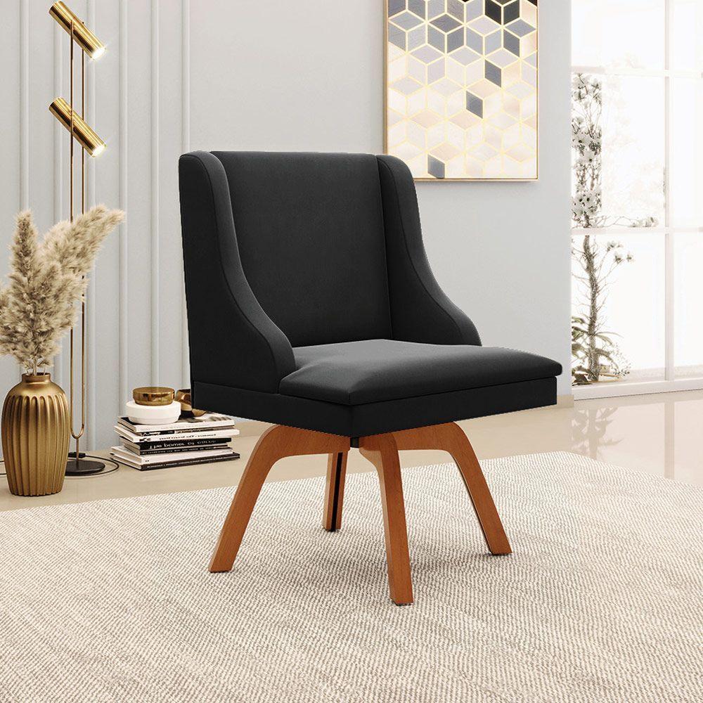 Cadeira Decorativa Sala De Jantar Base Giratória De Madeira Firenze Suede Preto/natural - 1