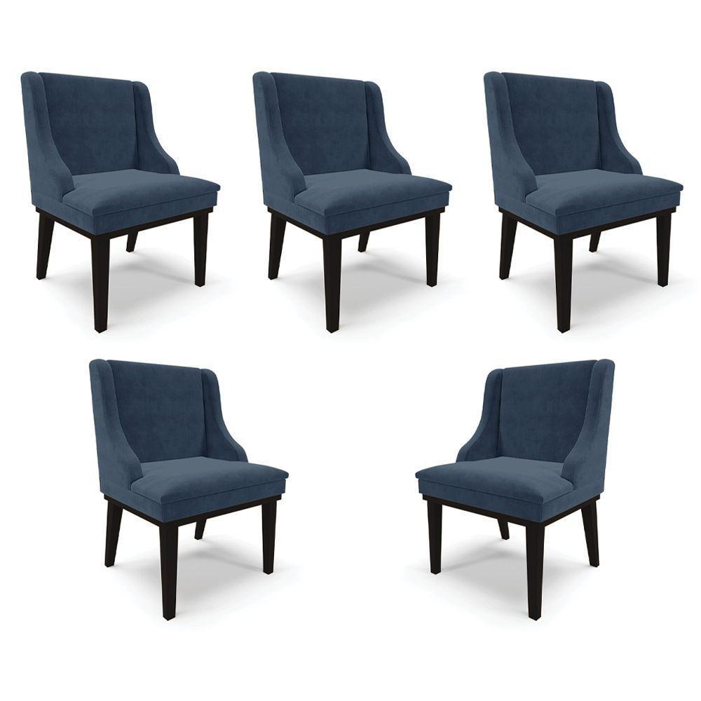 Kit 5 Cadeiras Decorativas Sala De Jantar Base Fixa De Madeira Firenze Suede Azul Marinho/preto G19 - 1