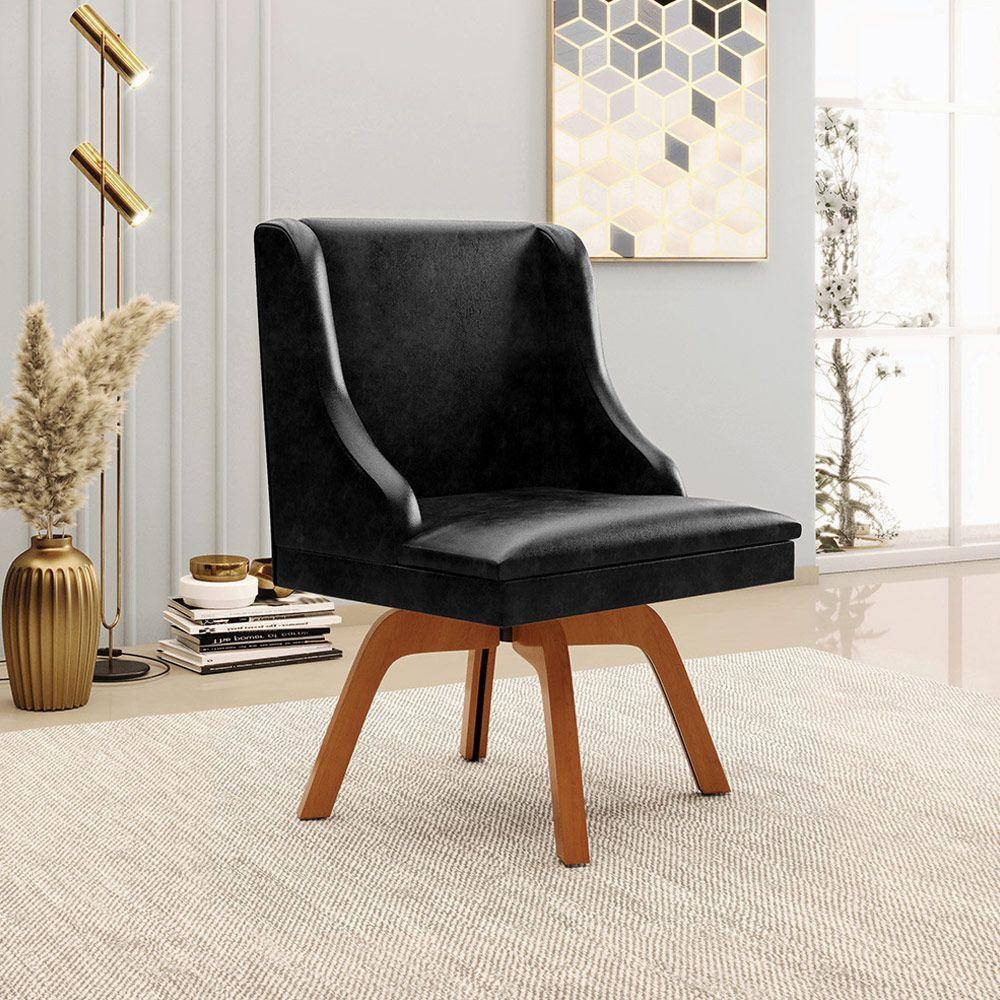 Cadeira Decorativa Sala De Jantar Base Giratória De Madeira Firenze Pu Preto Brilho/natural G19 - 1