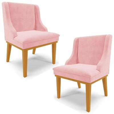 Kit 2 Cadeiras Decorativas Sala De Jantar Base Fixa De Madeira Firenze Suede Rosa Bebê/castanho