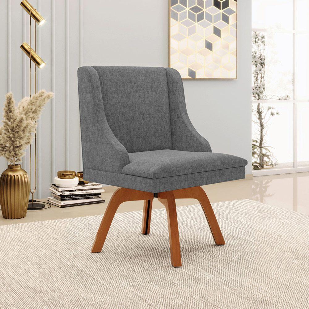 Cadeira Decorativa Sala De Jantar Base Giratória De Madeira Firenze Linho Grafite/natural G19 - 1