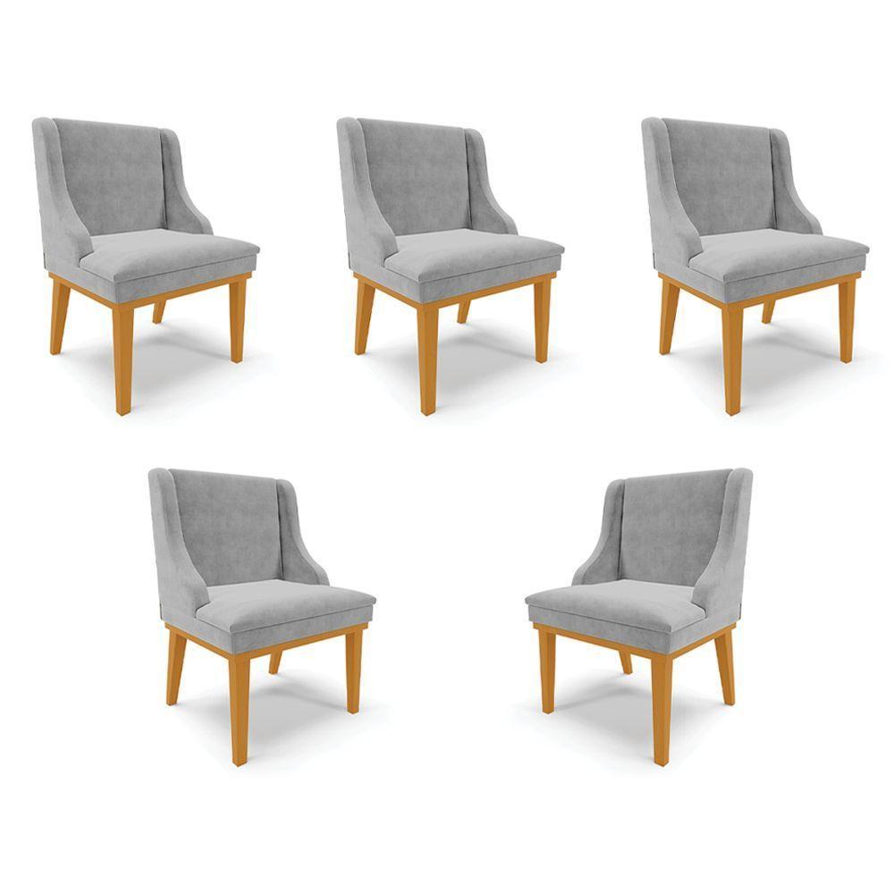 Kit 5 Cadeiras Decorativas Sala De Jantar Base Fixa De Madeira Firenze Suede Cinza/castanho G19 - 1