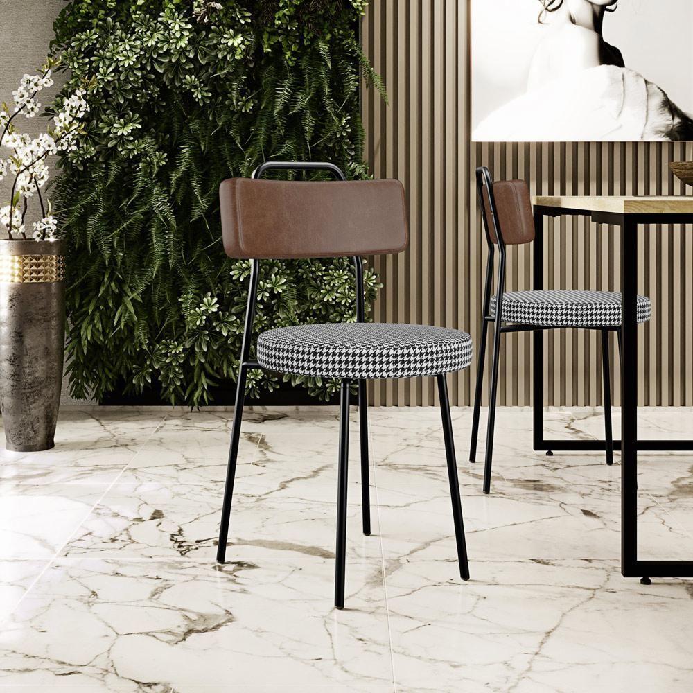 Cadeira Decorativa Estofada Para Sala De Jantar Barcelona L02 Couríssimo Marrom Pied Poule - 7