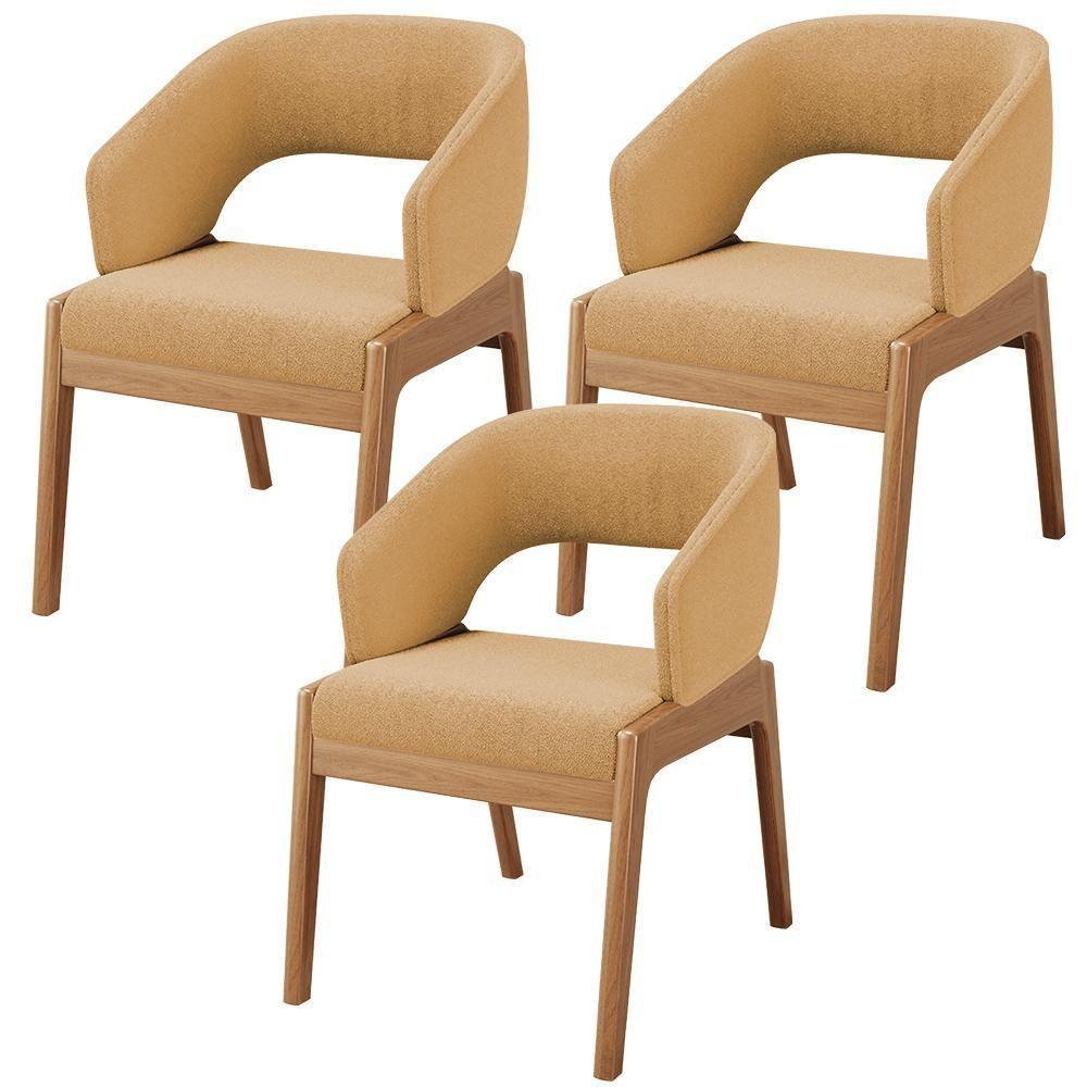 Kit 03 Cadeiras De Jantar E Estar Living Estofada Lince L02 Bouclê Mostarda - 1