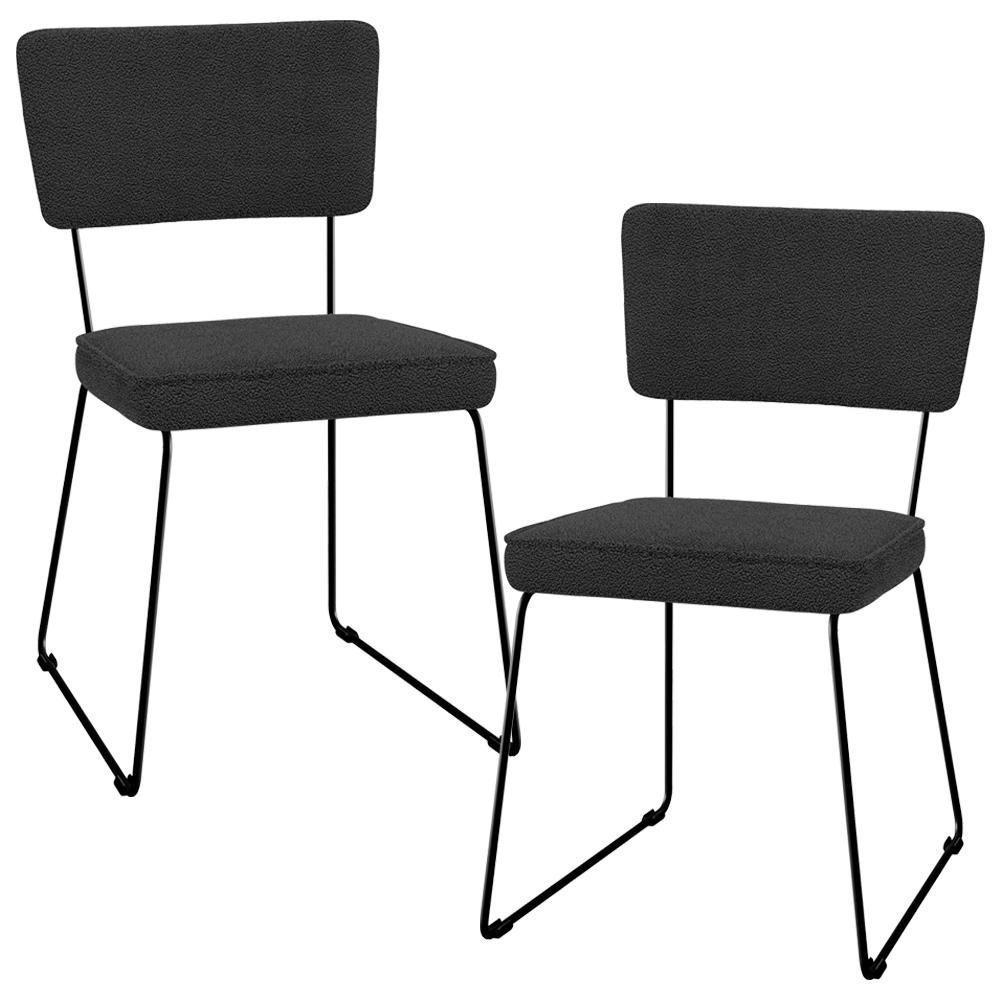 Kit 02 Cadeiras Decorativas Estofada Base De Aço Allana L02 Bouclê Preto - 1