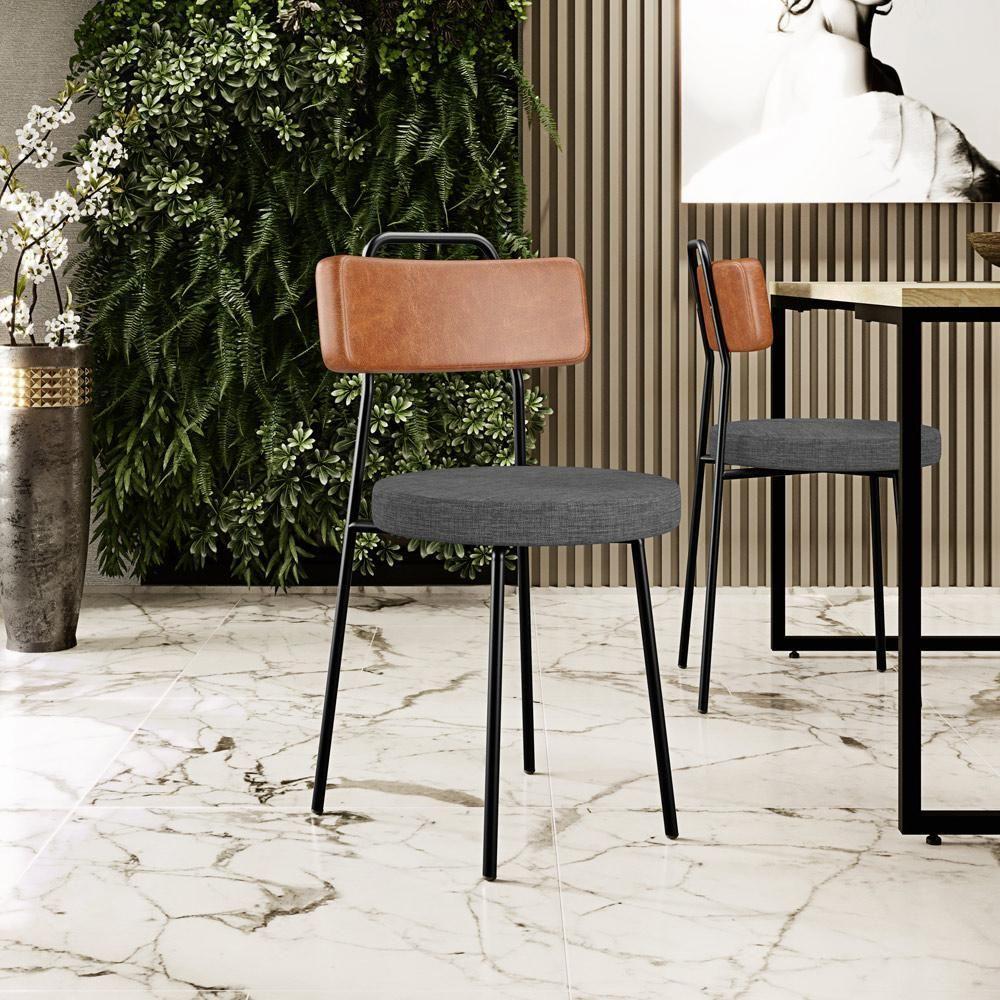 Kit 02 Cadeiras Estofada Sala De Jantar Barcelona L02 Couríssimo Camel Linho Cinza Escuro - 2