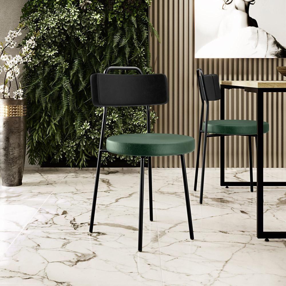 Kit 04 Cadeira Estofada Para Sala Jantar Barcelona L02 Couríssimo Preto Facto Verde Musgo - 8