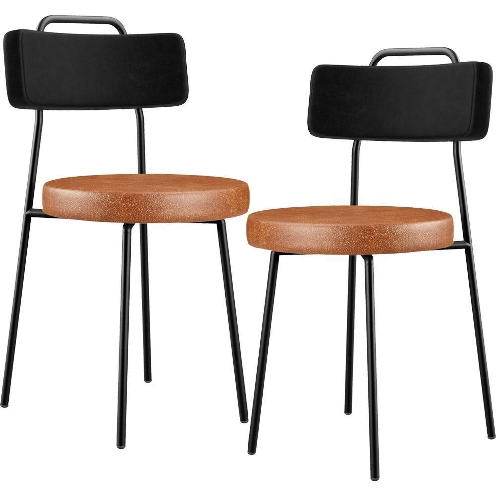 Kit 02 Cadeiras Decorativas Estofada Para Sala Jantar Barcelona L02 Couríssimo Preto Camel - 1