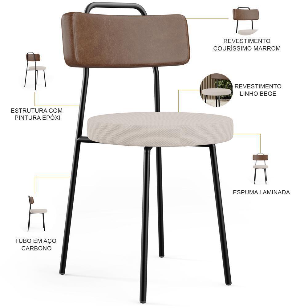 Kit 02 Cadeiras Decorativas Estofada Sala Jantar Barcelona L02 Couríssimo Marrom Linho Bege - 3