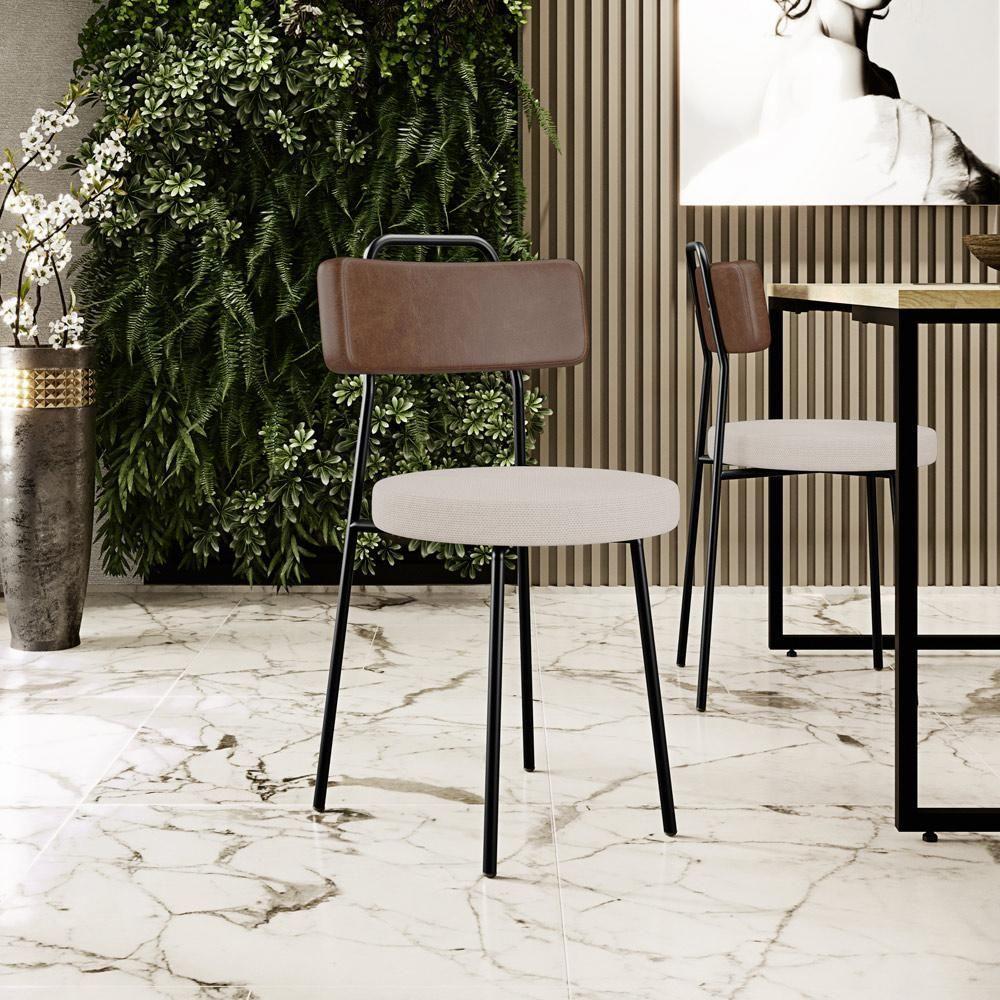 Kit 02 Cadeiras Decorativas Estofada Sala Jantar Barcelona L02 Couríssimo Marrom Linho Bege - 4