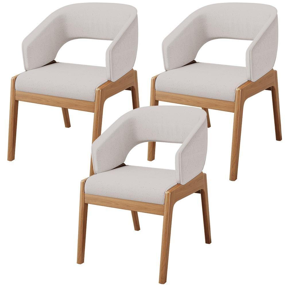 Kit 03 Cadeiras De Jantar E Estar Living Estofada Lince L02 Linho Bege - 1