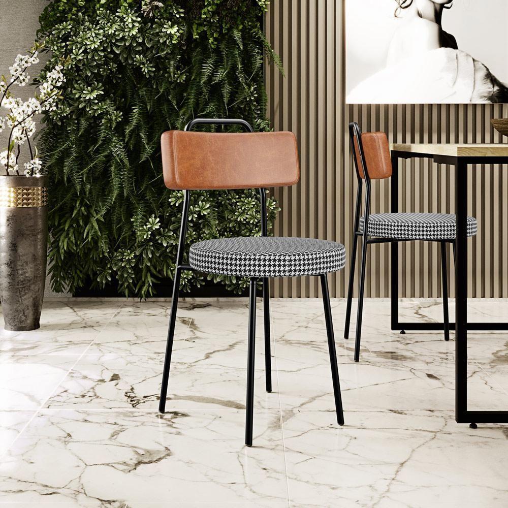 Cadeira Decorativa Estofada Para Sala De Jantar Barcelona L02 Couríssimo Camel Pied Poule - 7