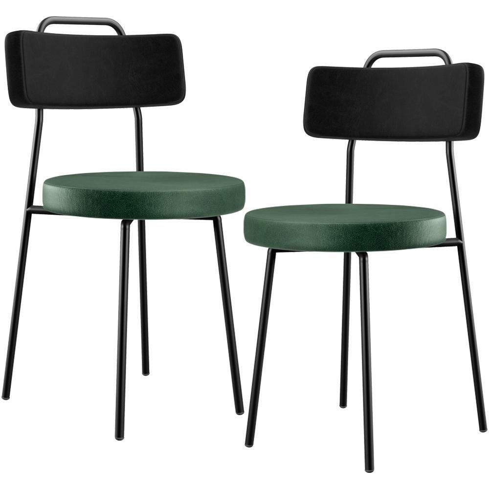 Kit 02 Cadeira Estofada Para Sala Jantar Barcelona L02 Couríssimo Preto Facto Verde Musgo - 1