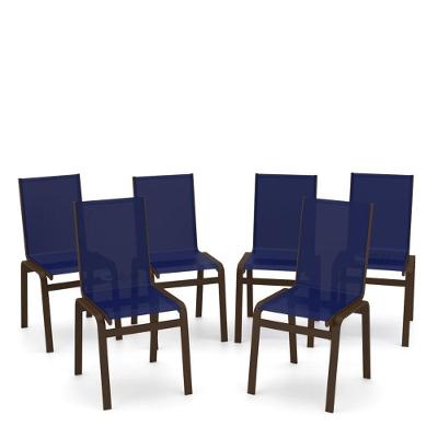 Kit 6 Cadeiras Jantar Gourmet Alumínio Marrom Tela Azul