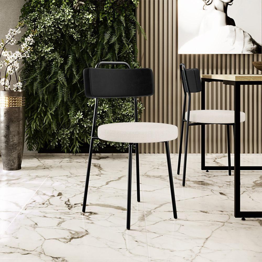 Cadeira Decorativa Estofada Para Sala De Jantar Barcelona L02 Couríssimo Preto Linho Cru - 2