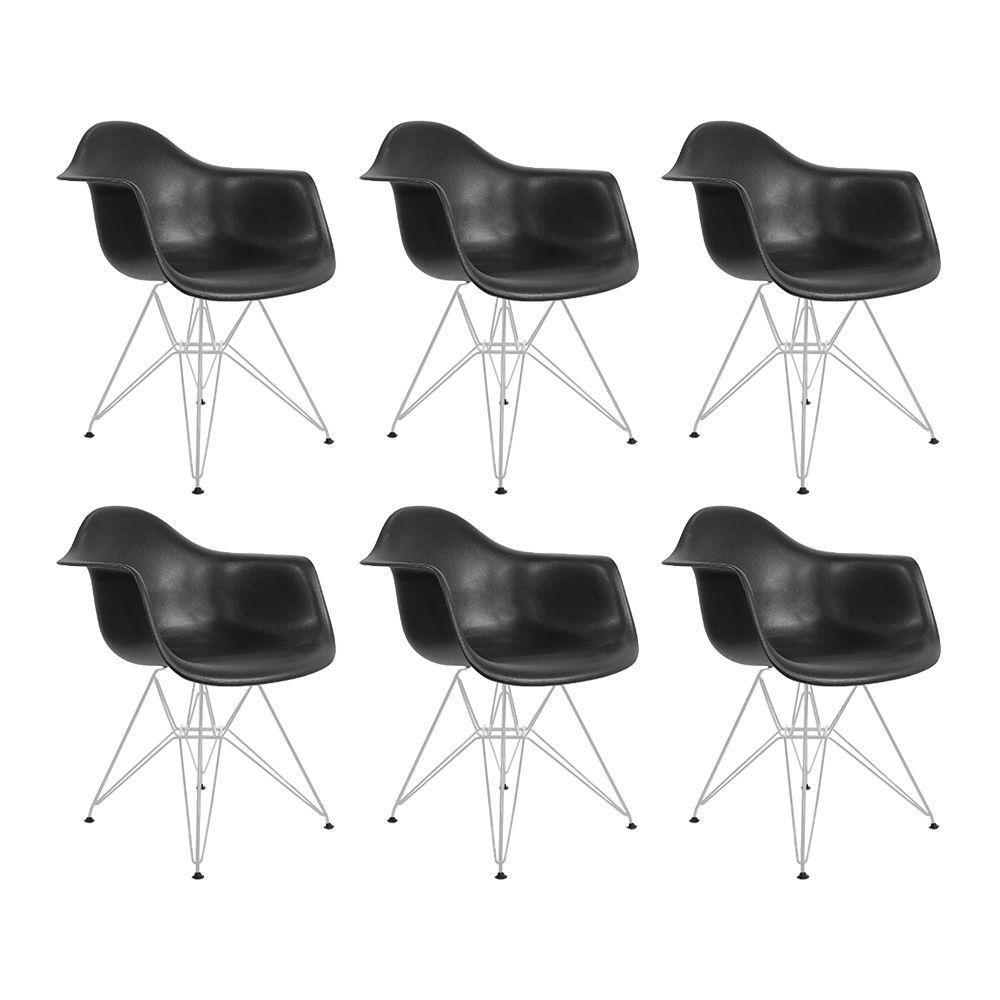 Kit 6 Poltronas Eames Eiffel Preta Com Braço Daw Ferro Branco - Cor: Branco - 1