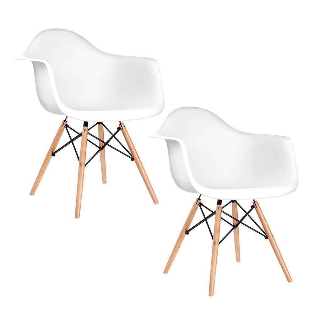 Kit 2 Poltronas Eames De Madeira Com Braço Daw Com Assento Branco - Cor: Branco - 1