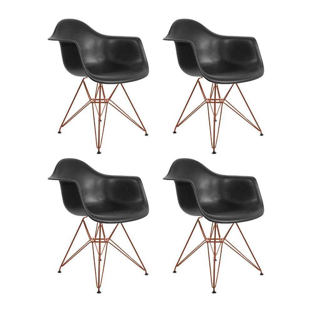 Kit 4 Poltronas Eiffel Eames Pretas Com Braço Daw Em Ferro Cobre - Cor: Preto - 1