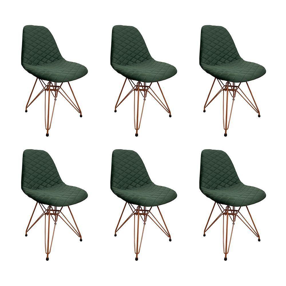 Kit 6 Cadeiras Jantar Estofadas Verde Eiffel Eames Base Cobre - Cor: Verde - 1