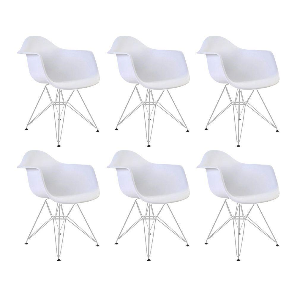 Kit 6 Poltronas Eames Eiffel Branca Com Braço Daw Ferro Branco - Cor: Branco - 1