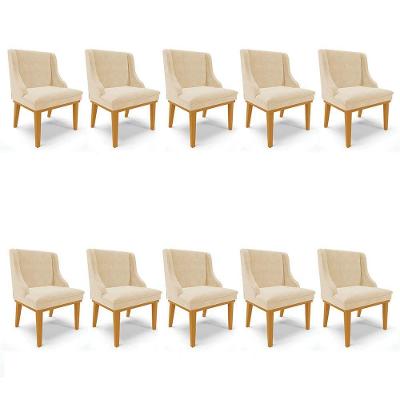 Kit 10 Cadeiras Estofadas Para Sala De Jantar Base Fixa De Madeira Castanho Lia Suede Bege - Ibiza
