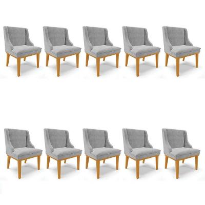 Kit 10 Cadeiras Estofadas Para Sala De Jantar Base Fixa De Madeira Castanho Lia Suede Cinza - Ibiza