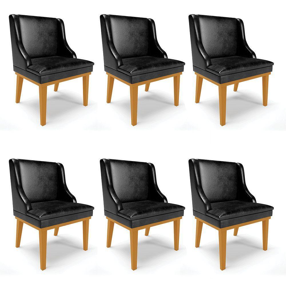 Kit 06 Cadeiras Liz Corano Base Fixa Madeira Castanho Preto - 1