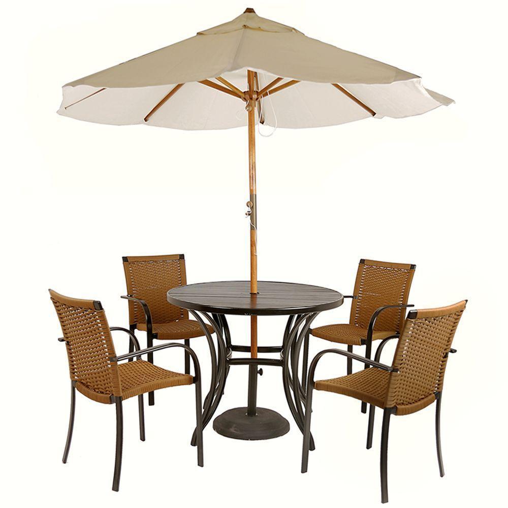 Combo 4 Cadeiras Fibra Oliva Estonado e Mesa Tampo Preta Com Ombrelone Bege - 1