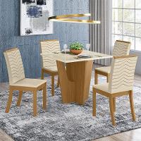 Conjunto Sala De Jantar Tampo Mdf Canto Reto Com Vidro 90 Cm 04 Cadeiras Valentina Henn Nature Com Off White E Linho - 1